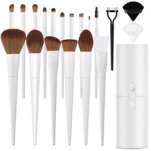 20PCs Makeup Brush Set Travel Brushes Kit With Holder & 2 Powder Puff-White